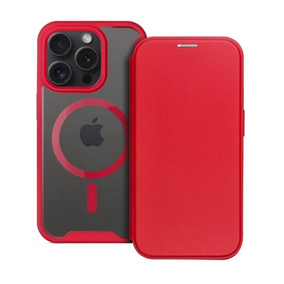 Husă în picioare, efect piele (FLIP, deschidere laterală, buzunar pentru card, protecție pentru cameră, spate magnetic, transparent mat, MagSafe) RED Apple iPhone 15 Pro Max