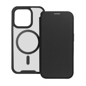 Husă în picioare, efect piele (FLIP, deschidere laterală, buzunar pentru card, protecție pentru cameră, spate magnetic, transparent mat, MagSafe) NEGRU Apple iPhone 15