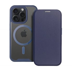 Husă în picioare, efect piele (FLIP, deschidere laterală, buzunar pentru card, protecție pentru cameră, spate magnetic, transparent mat, MagSafe) ALBASTRU ÎNCHIS Apple iPhone 15 Pro