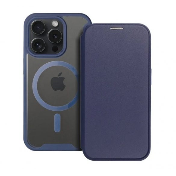 Husă în picioare, efect piele (FLIP, deschidere laterală, buzunar pentru card, protecție pentru cameră, spate magnetic, transparent mat, MagSafe) ALBASTRU ÎNCHIS Apple iPhone 15 Pro