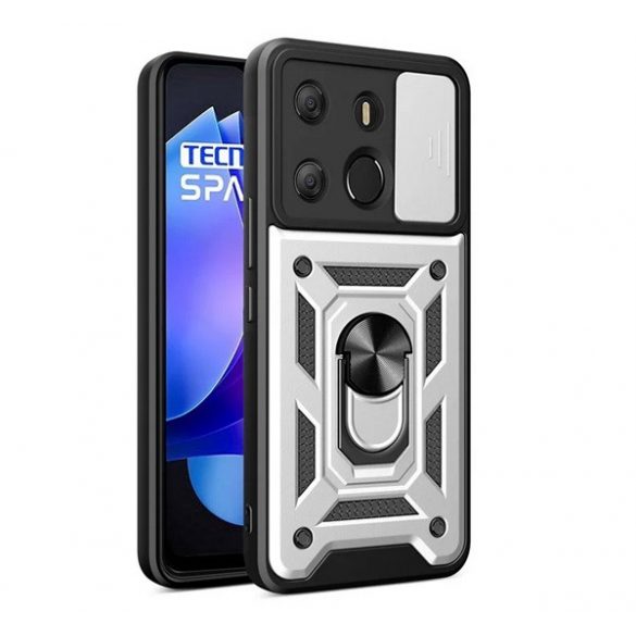 Protector de telefon din plastic Defender (rezistenta la impact, interior din silicon, inel de retinere, protectie camera) SILVER Tecno Spark Go 2023