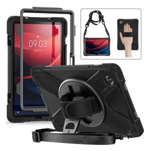 Protector de telefon Defender din plastic (rezistenta la impact, suport, 360° + curea de mana, curea de umar) NEGRU Lenovo Tab M11 (TB330)