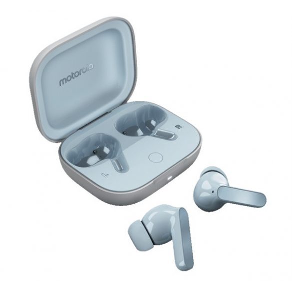 Căști bluetooth MOTOROLA BUDS STEREO (v5.3, TWS, microfon, filtru de zgomot activ, impermeabil + carcasă de încărcare) ALBASTRU DESCHIS