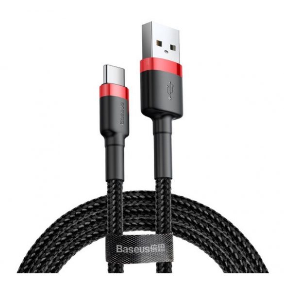 Cablu de date BASEUS CAFULE (USB - Type-C, 3A, încărcător rapid PD 3.0, 50cm, șiret) ROȘU/NEGRU