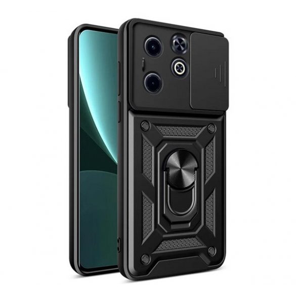 Protector de telefon din plastic Defender (rezistenta la impact, interior din silicon, inel de sustinere, protectie pentru camera) NEGRU Infinix Hot 40i (X6528)