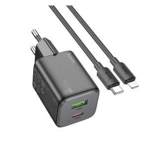 Încărcător de rețea HOCO N41 USB+priză de tip C (20W, GaN, încărcător rapid PD 3.0 + cablu lightning) NEGRU