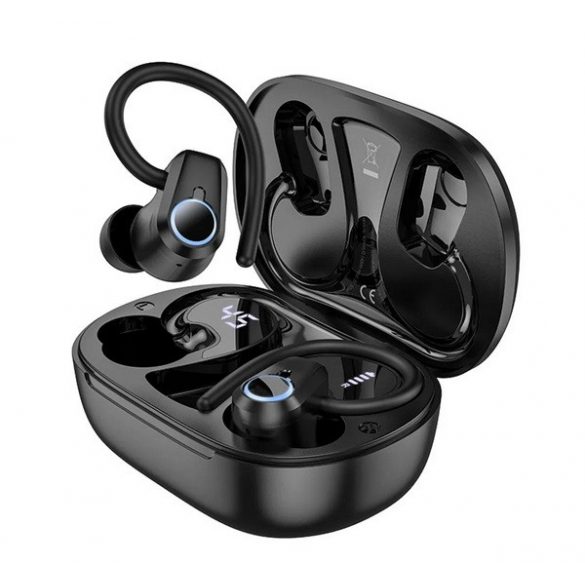 Căști bluetooth HOCO PURE JOY STEREO (v5.3, TWS, pot fi agățate pe ureche, microfon + carcasă de încărcare) NEGRE