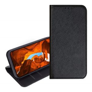 Husă staționară, efect piele (FLIP, deschidere laterală, suport de masă, buzunar pentru card, efect textil) BLACK T Phone 2 5G