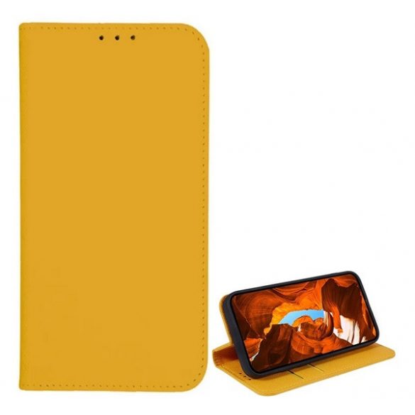 Husă în picioare, efect piele (FLIP, deschidere laterală, suport de masă, buzunar pentru card, efect textil) GALBEN T Phone 2 5G