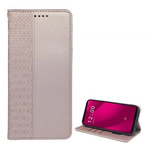 Carcasa in picioare, efect piele (FLIP, deschidere laterala, suport de masa, trifoi) ROSE GOLD T Phone 2 Pro 5G