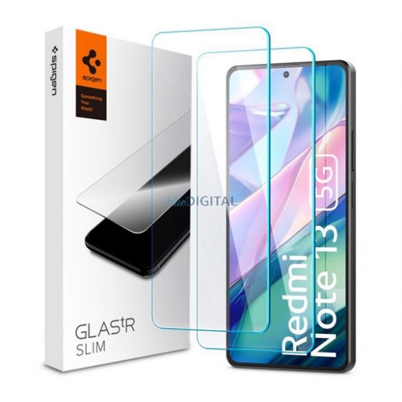 SPIGEN SLIM ecran protector de sticlă 2pcs (2.5D, caz prietenos, ultra subțire, 0.2mm, extra rezistent la zgârieturi, 9H) pentru Xiaomi Redmi Notă 13 5G