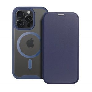 Husă în picioare, efect piele (FLIP, deschidere laterală, buzunar pentru card, protector pentru cameră, spate magnetic, transparent mat, MagSafe) ALBASTRU ÎNCHIS Apple iPhone 16 Pro Max