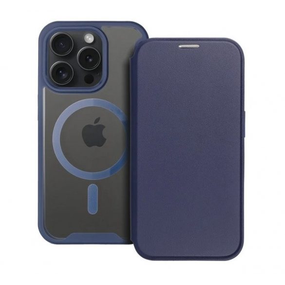 Husă în picioare, efect piele (FLIP, deschidere laterală, buzunar pentru card, protecție pentru cameră, spate magnetic, transparent mat, MagSafe) ALBASTRU ÎNCHIS Apple iPhone 16 Pro