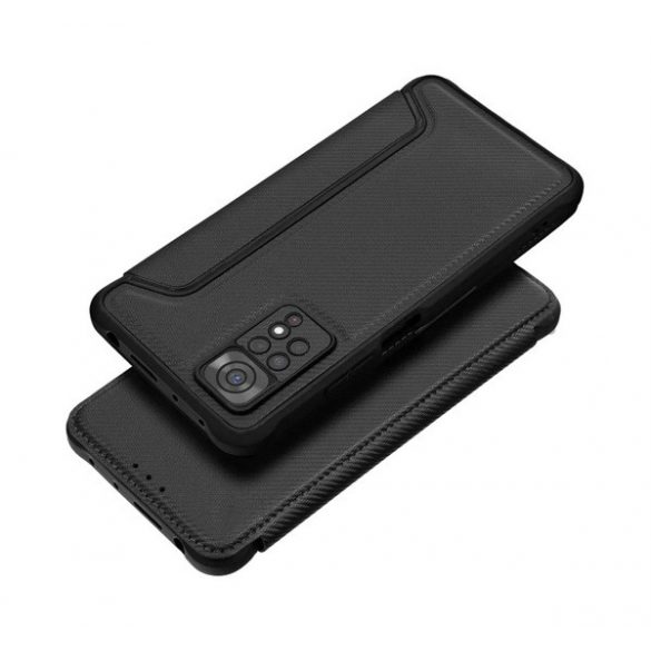 Carcasa in picioare, efect piele (FLIP, deschidere laterala, rezistenta la impact, colt cu perna de aer, protectie camera, model carbon) NEGRU Apple iPhone 16 Plus