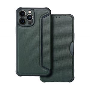 Husă în picioare, efect piele (FLIP, deschidere laterală, rezistență la impact, colț cu pernă de aer, protecție pentru cameră, model carbon) VERDE ÎNCHIS Apple iPhone 16