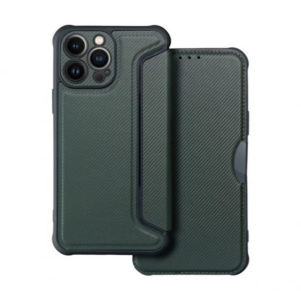 Husă în picioare, efect piele (FLIP, deschidere laterală, rezistență la impact, colț cu pernă de aer, protecție pentru cameră, model carbon) VERDE ÎNCHIS Apple iPhone 16 Plus