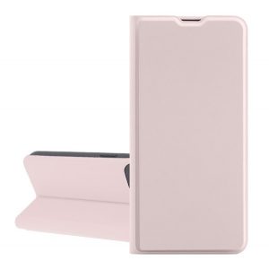 Husa in picioare, efect piele (FLIP, interior silicon, deschidere laterala, suport de masa, buzunar pentru card) BABY PINK Apple iPhone 16 Pro Max