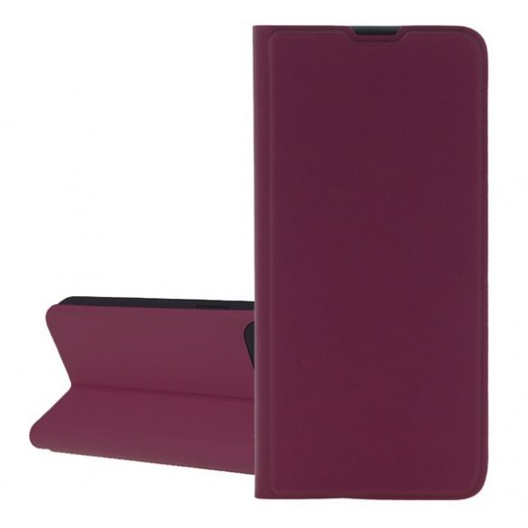 Husă în picioare, efect piele (FLIP, interior din silicon, deschidere laterală, suport pentru masă, buzunar pentru card) BURGUNDY Apple iPhone 16 Pro