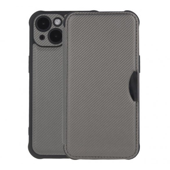 Carcasa in picioare, efect piele (FLIP, deschidere laterala, rezistenta la socuri, colt cu perna de aer, protectie pentru camera, model carbon) SILVER Apple iPhone 16