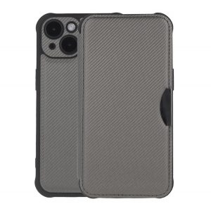 Carcasa in picioare, efect piele (FLIP, deschidere laterala, rezistenta la impact, colt cu perna de aer, protectie pentru camera, model carbon) SILVER Apple iPhone 16 Pro Max