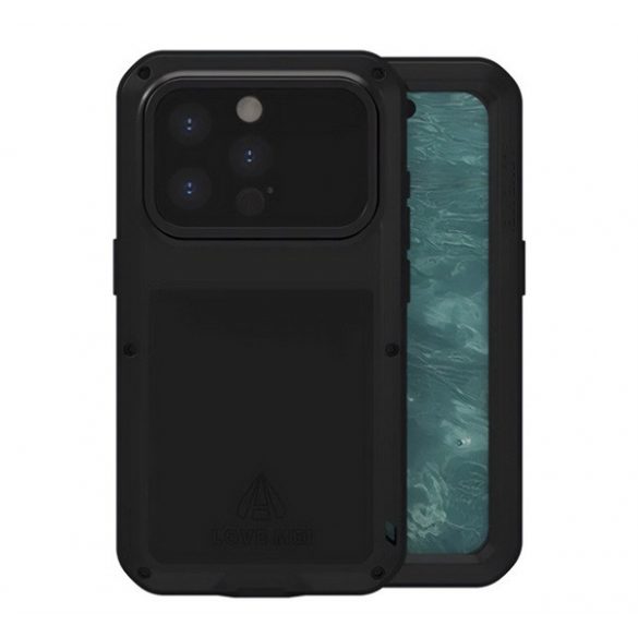 LOVE MEI Protector puternic pentru telefon protector (cadru metalic, rezistenta puternica la impact, rezistent la praf + sticla protectoare pentru ecran) NEGRU Apple iPhone 15 Pro