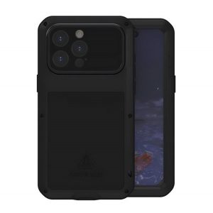 LOVE MEI Protector puternic pentru telefon protector (cadru metalic, rezistenta puternica la impact, rezistent la praf + sticla protectoare pentru ecran) NEGRU Apple iPhone 15 Pro Max