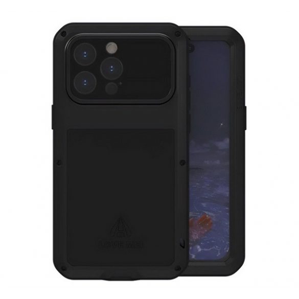 LOVE MEI Protector puternic pentru telefon protector (cadru metalic, rezistenta puternica la impact, rezistent la praf + sticla protectoare pentru ecran) NEGRU Apple iPhone 15 Pro Max