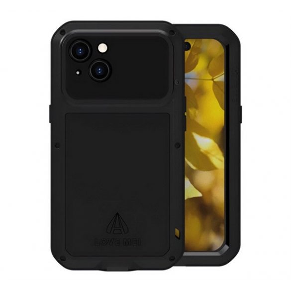 LOVE MEI Protector puternic pentru telefon protector (cadru metalic, rezistenta puternica la impact, rezistent la praf + sticla protectoare pentru ecran) NEGRU Apple iPhone 15