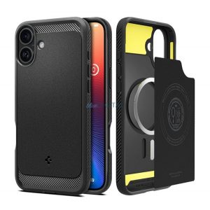 SPIGEN RUGGED ARMOR silicon protector de telefon (rezistent la impact, bubble heel, model de carbon, MagSafe) BLACK Apple iPhone 16