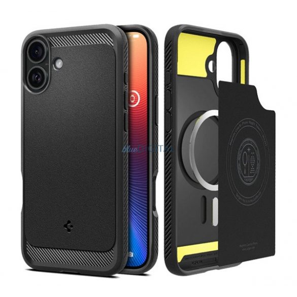 SPIGEN RUGGED ARMOR silicon protector de telefon (rezistent la impact, bubble heel, model de carbon, MagSafe) BLACK Apple iPhone 16