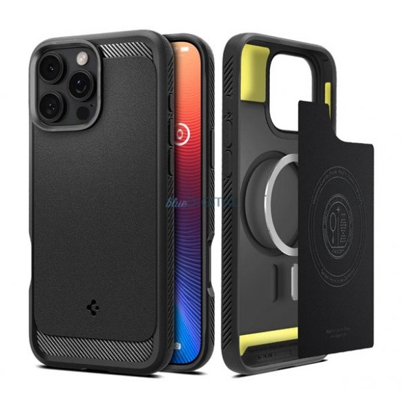 SPIGEN RUGGED ARMOR silicon telefon protector (rezistent la impact, bubble heel, model de carbon, MagSafe) BLACK Apple iPhone 16 Pro