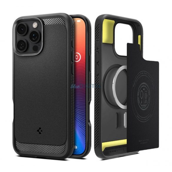 SPIGEN RUGGED ARMOR silicon protector de telefon (rezistent la impact, bubble heel, model de carbon, MagSafe) BLACK Apple iPhone 16 Pro Max