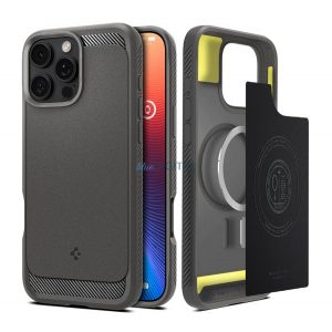 SPIGEN RUGGED ARMOR silicon protector de telefon (rezistent la șocuri, bubble heel, model de carbon, MagSafe) CLEAR GREY Apple iPhone 16 Pro