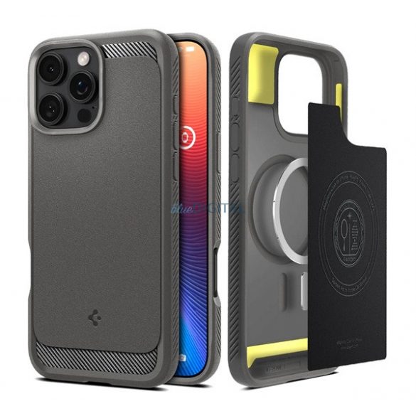 SPIGEN RUGGED ARMOR silicon telefon protector (rezistent la impact, bubble heel, model de carbon, MagSafe) CLEAR GREY Apple iPhone 16 Pro Max