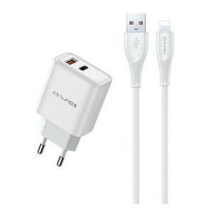 AWEI PD81L-EU încărcător de rețea USB+priză de tip C (22,5 W, GaN, încărcător rapid PD + cablu fulger) ALB