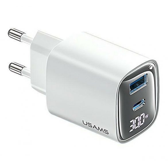 Încărcător de rețea USAMS CC229 Priză USB+Type-C (30W, GaN, încărcător rapid PD, afișaj LED) ALB