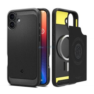 SPIGEN RUGGED ARMOR silicon telefon protector (rezistent la șocuri, bubble heel, model de carbon, MagSafe) BLACK Apple iPhone 16 Plus