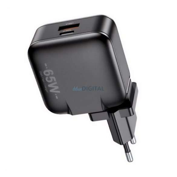 AWEI PD55-EU încărcător de rețea USB + priză Type-C (65W, GaN, încărcător rapid PD) NEGRU