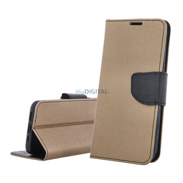 Carcasă permanentă, efect piele (FLIP, deschidere laterală, suport desktop, buzunar card, efect textil) GOLD/BLACK Samsung Galaxy A16