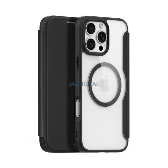 DUX DUCIS SKIN X PRO Carcasă din piele cu efect permanent (FLIP, deschidere laterală, RFID, MagSafe) NEGRU Apple iPhone 16 Pro