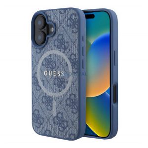 GUESS 4G RING CLASSIC LOGO silicon protector de telefon (rezistent la șocuri, spate textil, MagSafe) BRIGHT BLUE Apple iPhone 16