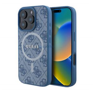 GUESS 4G RING CLASSIC LOGO silicon protector de telefon (rezistent la șocuri, spate textil, MagSafe) BRIGHT BLUE Apple iPhone 16 Pro