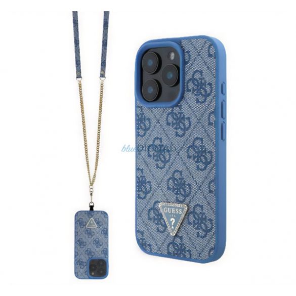 GUESS LEATHER METAL LOGO STRASS CROSSBODY silicon telefon protector (rezistent la șocuri, efect de piele spate + curea de umăr) BLUE Apple iPhone 16 Pro