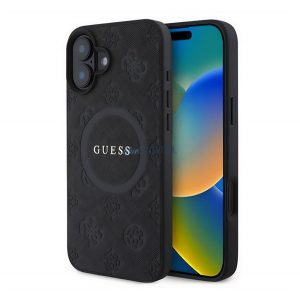 GUESS SAFFIANO PEONY CLASSIC LOGO silicon protector de telefon (rezistent la șocuri, efect din piele spate, MagSafe) BLACK Apple iPhone 16 Plus