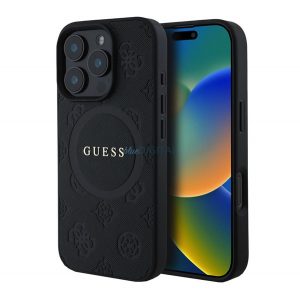 GUESS SAFFIANO PEONY CLASSIC LOGO silicon protector de telefon (rezistent la șocuri, efect din piele spate, MagSafe) BLACK Apple iPhone 16 Pro Max