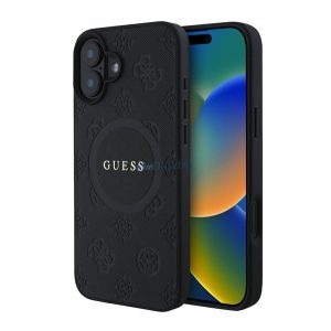 GUESS SAFFIANO PEONY CLASSIC LOGO silicon protector de telefon (rezistent la șocuri, efect din piele spate, MagSafe) BLACK Apple iPhone 16