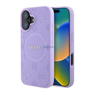 GUESS SAFFIANO PEONY CLASSIC LOGO silicon protector de telefon (rezistent la șocuri, spate din piele, MagSafe) LILA Apple iPhone 16