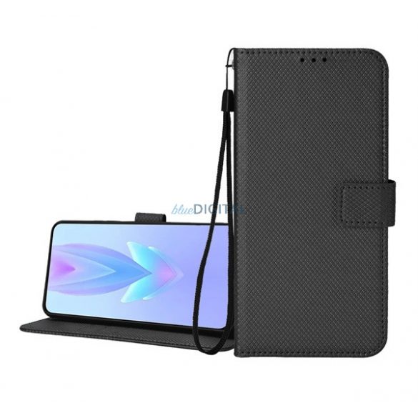 Carcasă Standing, efect piele (FLIP, deschidere laterală, suport desktop, diamant + curea de încheietură) BLACK OnePlus Nord 4