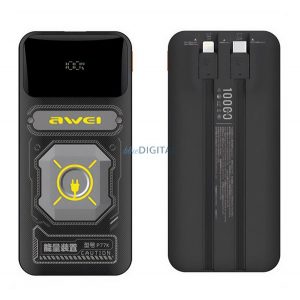 AWEI P77K Încărcător de urgență cu priză USB+Type-C (10000mAh, 22.5W, încărcător rapid PD + cablu fix Type-C+lightning) NEGRU