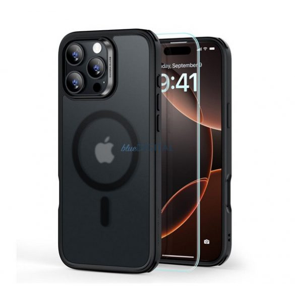 ESR HYBRID HALOLOCK silicon telefon protector (rezistent la impact, bubble heel, MagSafe, mat + ecran protector de sticlă) BLACK Apple iPhone 16 Pro Max 5G